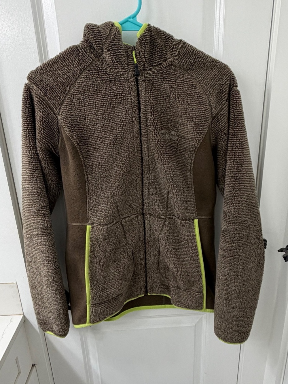 Jack Wolfskin Full Zip High Loft Teddy Fleece Jacket Brown Lime Accent